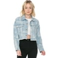 thumbnail image 1 of Cali1850 Women's Denim Crop Jacket Casual Bandana Print Button Down Frayed Hem Long Sleeve Jean Trucker, 1 of 4