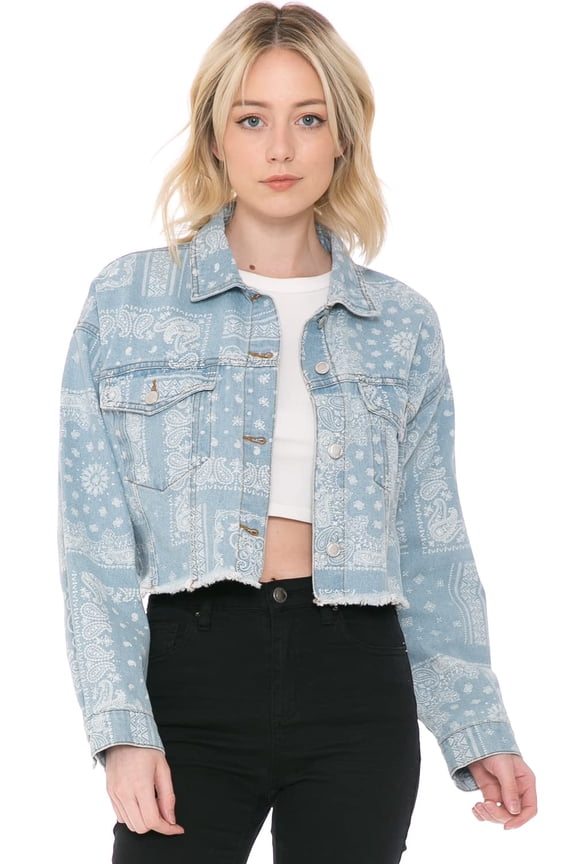 Women's Denim Crop Jacket Casual Bandana Print Button Down Frayed Hem Long Sleeve Jean Trucker