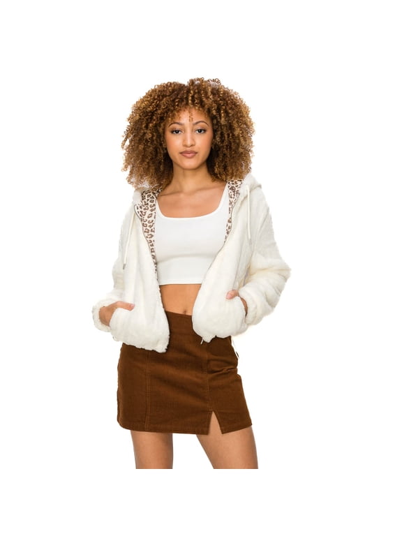 Women's Lined Fuzzy Fleece Faux Fur Short Shearling Outerwear Winter Hoodie Jacket