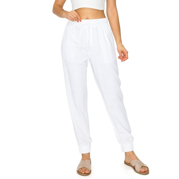 Cali1850 Women's Linen Joggers Pants Oceanside Drawstring Elastic Waist Casual Lounge Tapered Leg Trousers with Pockets