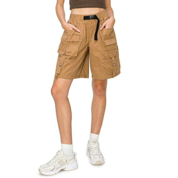 Cali1850 Women's Low Rise Waist Relaxed Fit Bermuda Long Cargo Utility Shorts with 9 pockets, Elastic Waistband with Belt