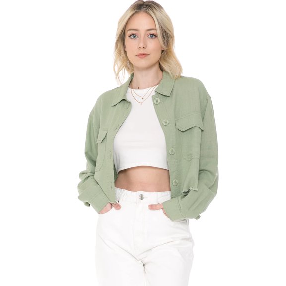 Cali1850 Women's Oceanside Linen Shirts Long Sleeve Button Down Crop Top Collared Cropped Blouse Jacket