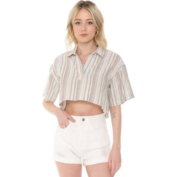 Cali1850 Women's Oceanside Linen Shirts Short Sleeve Striped Crop Top Collared Cropped Blousep