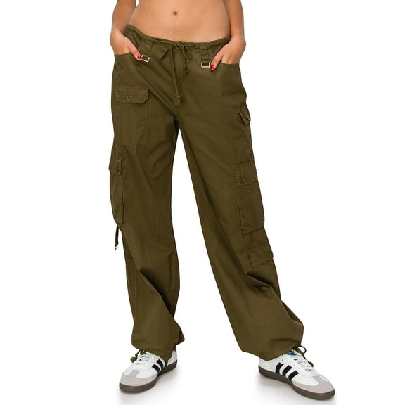 Cali1850 Women’s Parachute Cargo Pants Low Rise Baggy Fit Wide Leg Multi Pockets Casual Streetwear Trousers