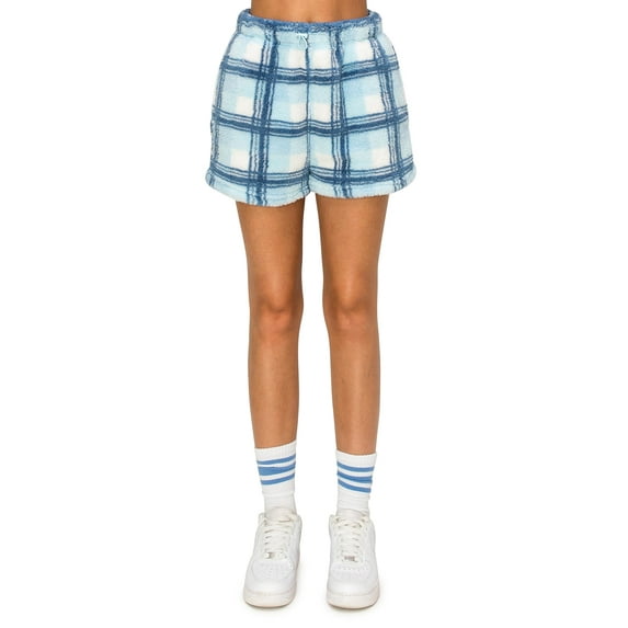 Cali1850 Women's Plaid Sherpa Shorts Sweatpants Bungee with Elastic Drawstring Waistband Soft Comfy Fuzzy Pants with Pockets