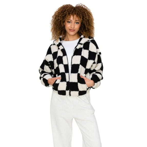 Cali1850 Women's Printed Faux Sherling Cropped Hoodie Outerwear Winter Coat Jacket