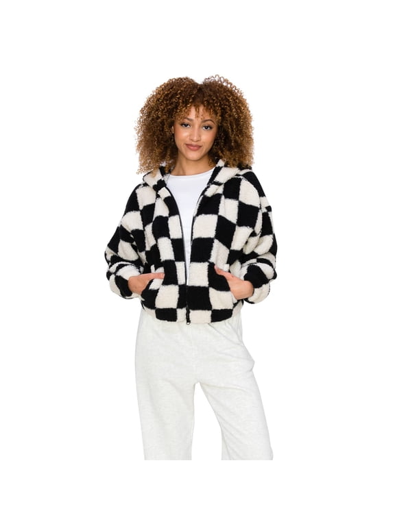 Women's Printed Faux Sherling Cropped Hoodie Outerwear Winter Coat Jacket