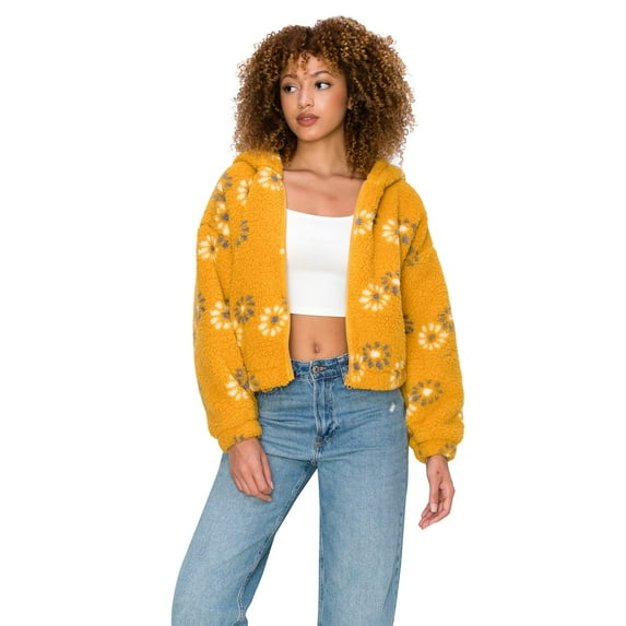 Cali1850 Women's Printed Faux Sherling Cropped Hoodie Outerwear Winter Coat Jacket