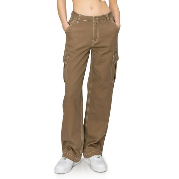 Cali1850 Women’s Straight Leg Cargo Pants Mid Rise Contrast Stitch Twill Fabric Casual Multi Pockets Trousers