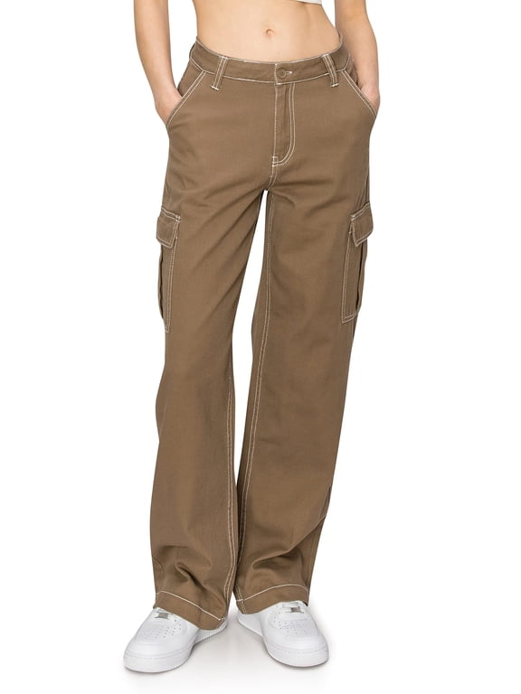 Women’s Straight Leg Cargo Pants Mid Rise Contrast Stitch Twill Fabric Casual Multi Pockets Trousers