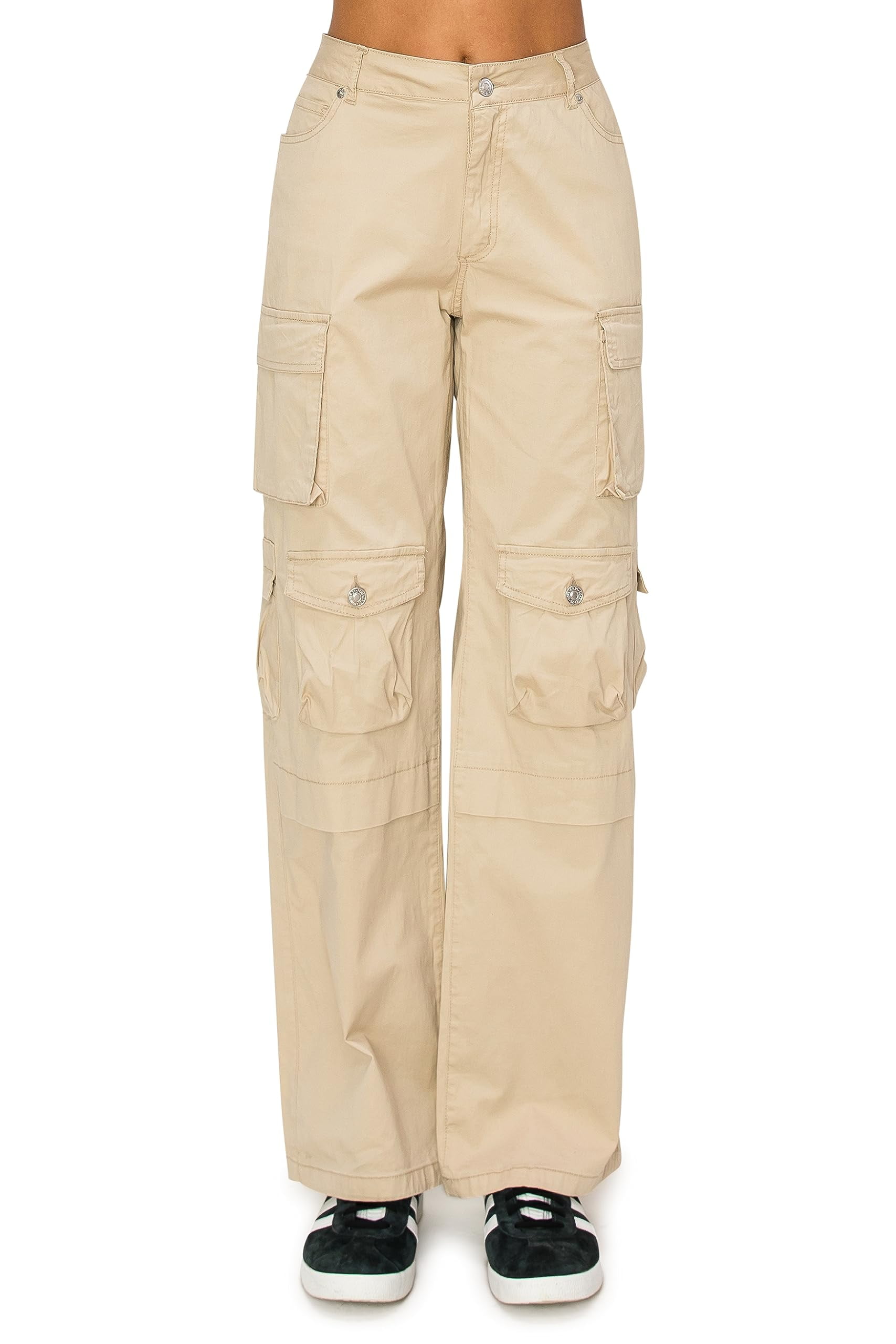 Cali1850 Women’s Twill Cargo Pants Low Rise Wide Leg 10 Multi Pockets Stretch Casual Streetwear