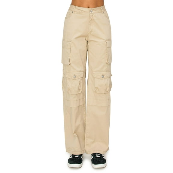 Cali1850 Women’s Twill Cargo Pants Low Rise Wide Leg 10 Multi Pockets Stretch Casual Streetwear Trousers