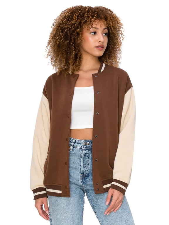 Women's Varsity Bomber Jacket Snap Button Down Long Sleeve Casual Baseball Collar Jackets with Pockets