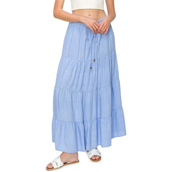 Cali1850 Women's XS~XL Lined Tiered Elastic Waist Linen Flare Maxi Skirt