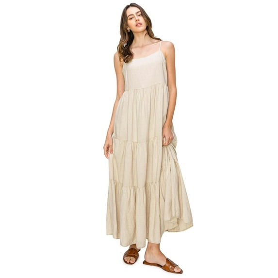 Cali1850 Women's XS~XL Lined Tiered Sleeveless Linen Flare Maxi Dress with Adjustable Spaghetti Strap