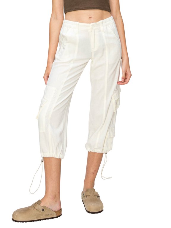 Women's Y2K Low Rise Relaxed Fit Linen Cargo Cropped Pants with Cargo Patch Side Pockets and Drawstring