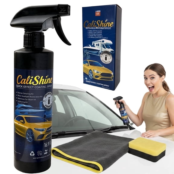 CaliShine Quick Effect Coating Spray - 16.9 fl oz Waterless Ceramic Car Wax Coat - Detail Polish & Cleaner for Cars Boat Body & Glasses, Window Glass and Headlight - Shine Restoration Kit (500 ml)