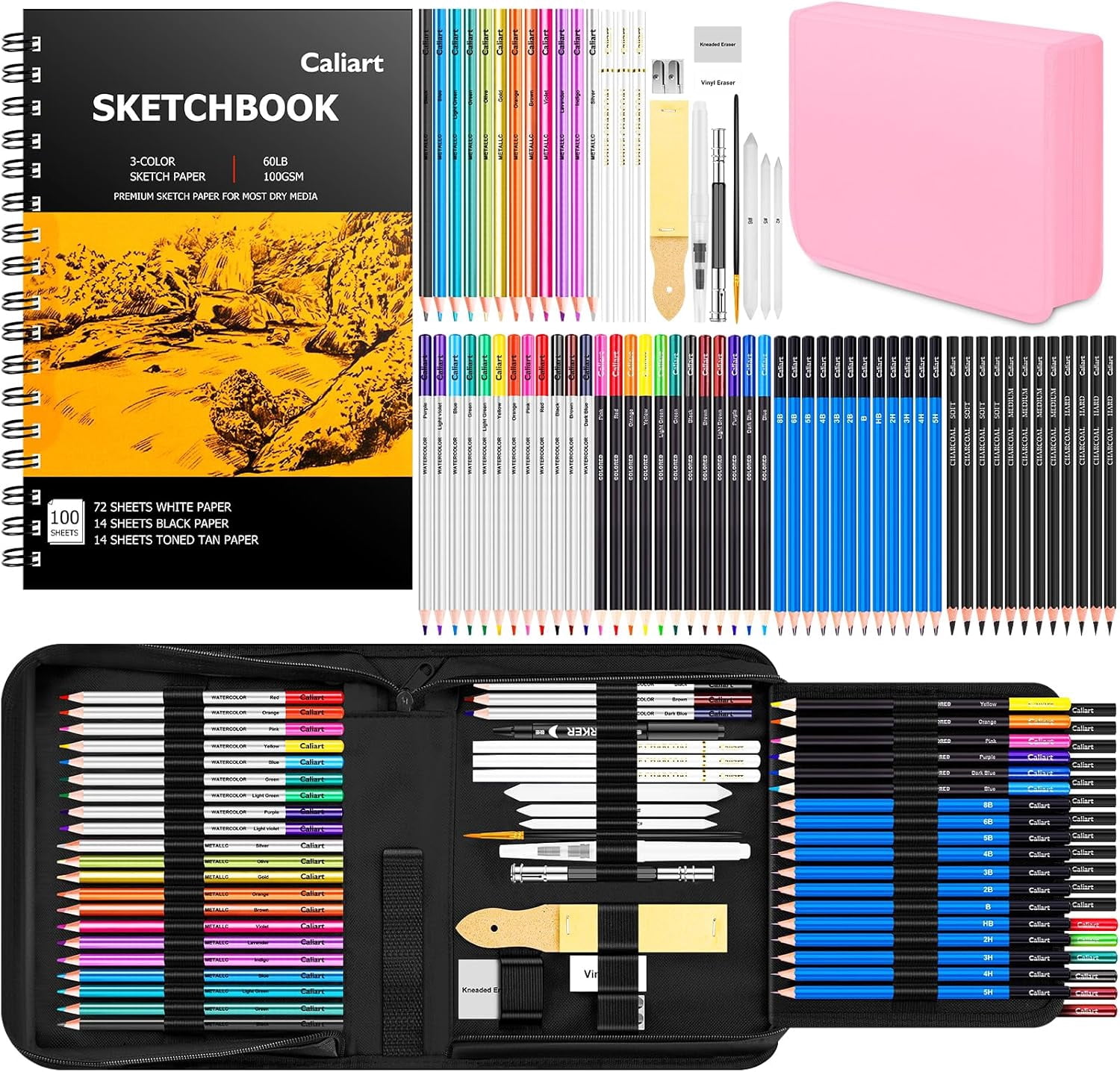 176PCS Art Supplies Sketching Kit with 100 Sheets 3-Color Sketch Book, Graphite Colored Charcoal Watercolor & Metallic Pencils, Drawing Supplies Set for Artists Adults Beginners