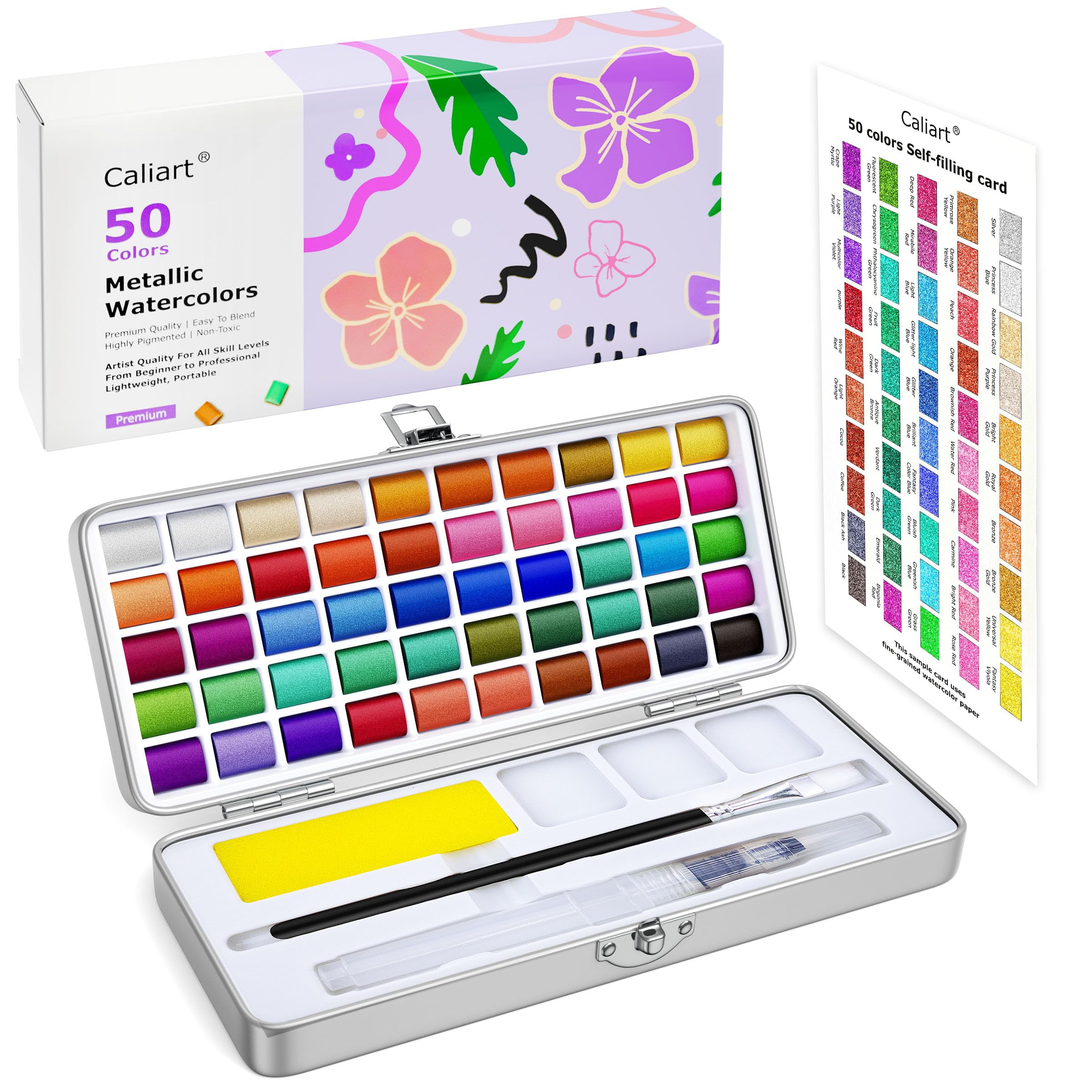 Caliart Metallic Watercolor Paints, 50 Colors Glitter Watercolors Set with 1 Brush, Portable Travel Painting Kit Gifts for Adults Artists Beginners Painters Art Supplies