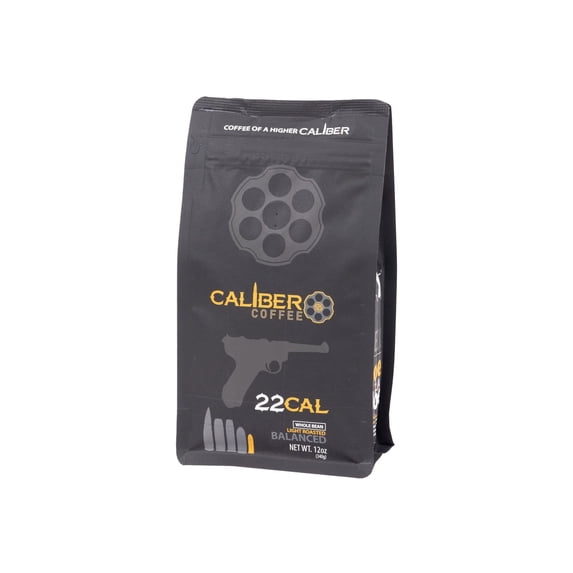 Caliber Coffee .22 Cal Whole Bean Light Roast Balanced, Fruity, Caramel Flavors 100% Artisan Roasted Arabica Coffee Small-Batch, Hand-Crafted Veteran Owned 12oz Bag