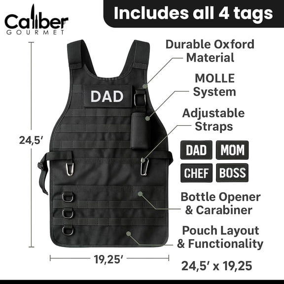 Caliber Gourmet Tactical Molle Apron Outdoor Camping BBQ, Bottle Opener, Pockets, Reusable Carabiner, Adjustable, Barbeque Cooking Grill, Gardening, Garage, Condiment, Removable Patches