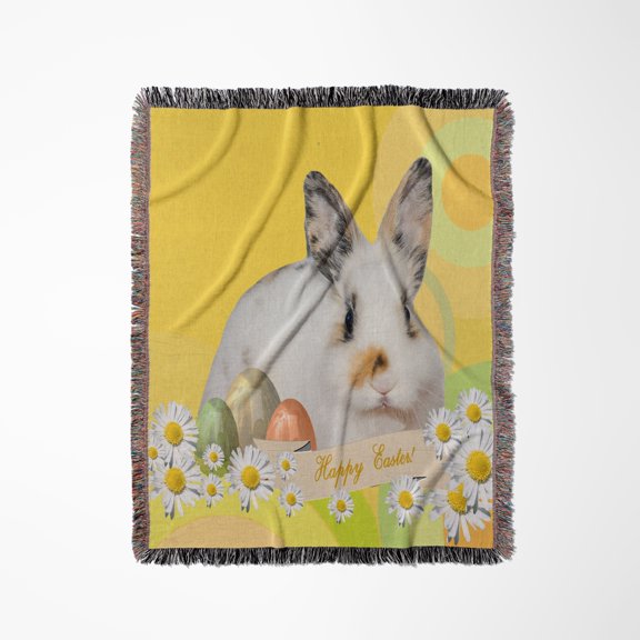 Calico Bunny Rabbit With Daisy Flowers And Three Easter Eggs, Happy Easter, Woven Blanket