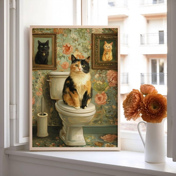 Calico Cat Bathroom Toilet Scene Wall Art Print, Quirky Floral Home ...