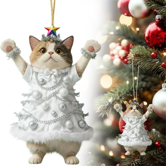 Calico Cat Christmas Tree Ornament, 2D Acrylic Cat in Blue Christmas Dress, Christmas Animal Ornament Xmas Decor Tree Hanging, Cute Cat Pet Hanging Ornament for Xmas Tree Car Backpacks Home Decor
