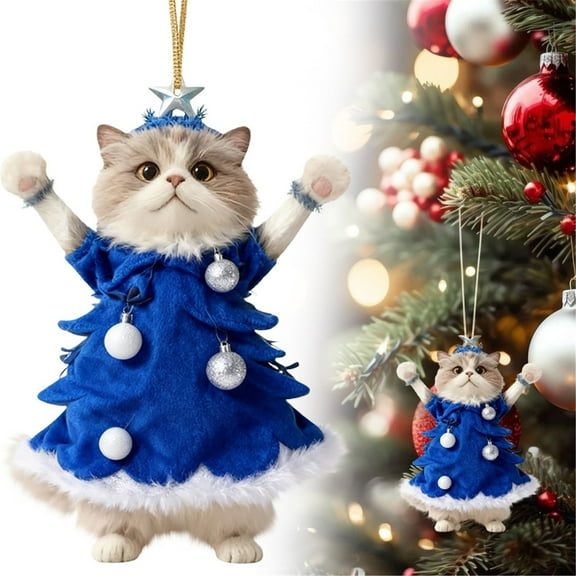 Calico Cat Christmas Tree Ornament, 2D Acrylic Cat in White Christmas Dress, Christmas Animal Ornament Xmas Decor Tree Hanging, Cute Cat Pet Hanging Ornament for Xmas Tree Car Backpacks Home Decor