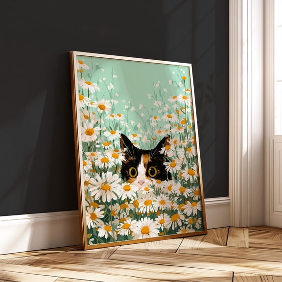 Calico Cat Daisy Floral Cat Pastel Whimsical Cute Kitten Decor