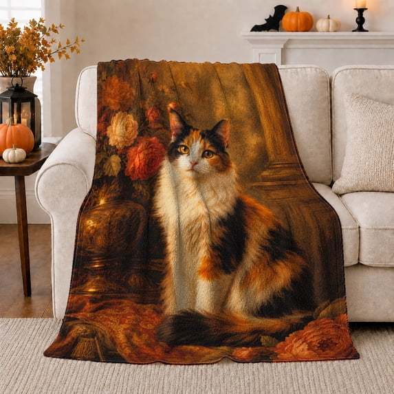 Calico Cat Dark Interior Orange Roses Classical Oil-Painting, Peaceful Pet Portrait Pattern, Warm Flannel Blanket for Living Room and Bedroom, Cat Lovers Just Because Gift, Pet Lover Home Decor