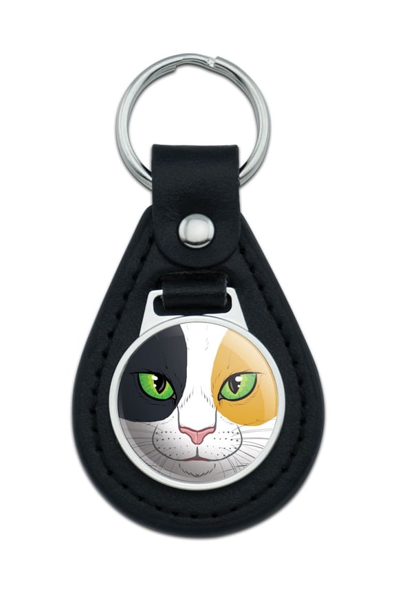 Calico Cat Face Pet Kitty Black Leather Keychain