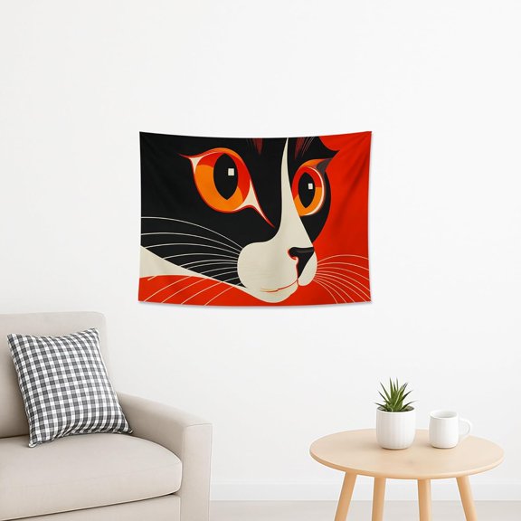 Calico Cat Face Tapestry, Black Orange Wall Hanging, Fall Aesthetic Decor for Bedroom, Living Room, Cute Feline Tapestry Art 40x30 Inch