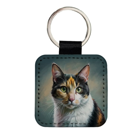 Calico Cat Illustration Faux Leather Square Keychain