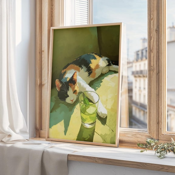 Calico Cat Margarita Wall Art Print Lime Green Bar Decor