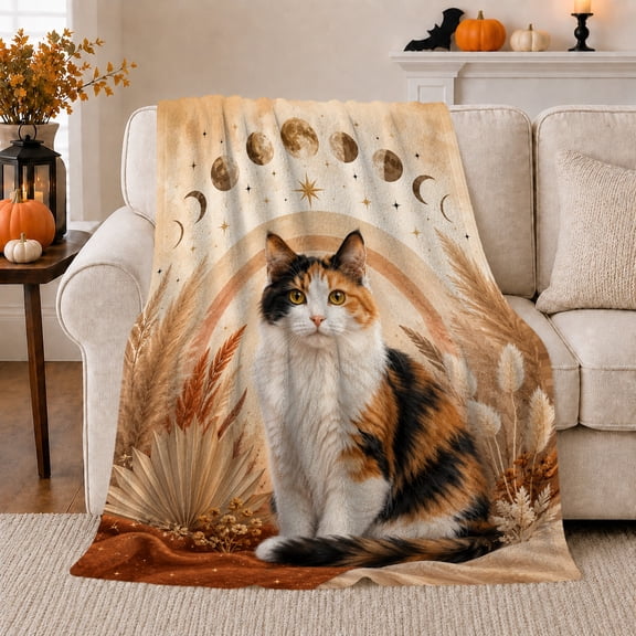 Calico Cat Moon Phases Botanicals, Peaceful Pet Portrait Pattern, Warm Flannel Blanket for Living Room and Bedroom, Cat Lovers Valentine's Day Gift, Pet Lover Home Decor
