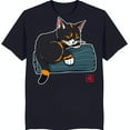 Calico Cat Napping on Blue Cute Cartoon Black TShirt for Cat Lovers