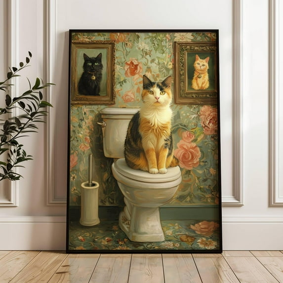 Calico Cat On Tet Poster, Bathroom Wall Art With Vintage Floral Decor Cat Bath Decor, Quirky Cat Lover ,, F064, Stretched Canvas Size 12x18