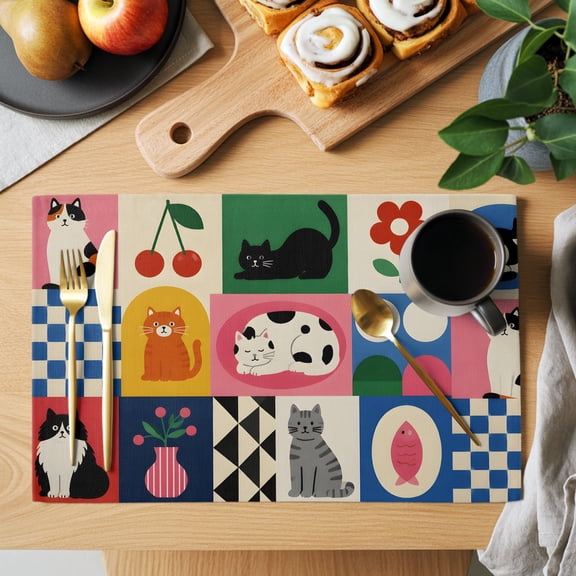 Calico Cat Placemats Set of 1, Playful Cherry Motif Flower Blossom Fish Basket Retro Non-Slip Place Mats Washable Table Mats for Kitchen Dining Table Decorations Indoor/Outdoor