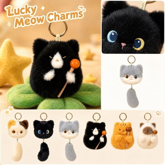 Calico Cat Plush Stuffed Animal Keychain 4 Inch Soft Plush Cat Head Keychain Fluffy Tail Accessory for Bags Keys 1 Pack