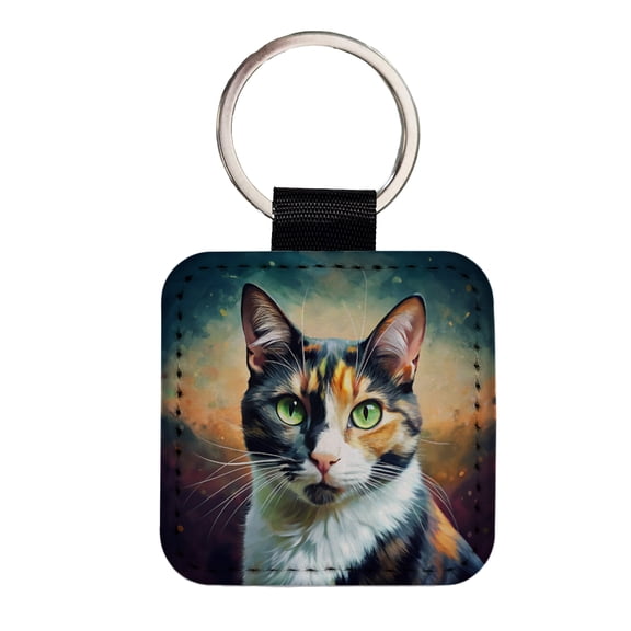 Calico Cat Pop Art Faux Leather Square Keychain