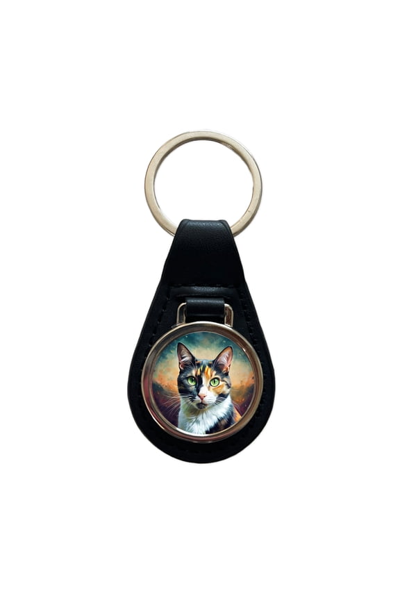 Calico Cat Pop Art Metal Black Leather Keychain