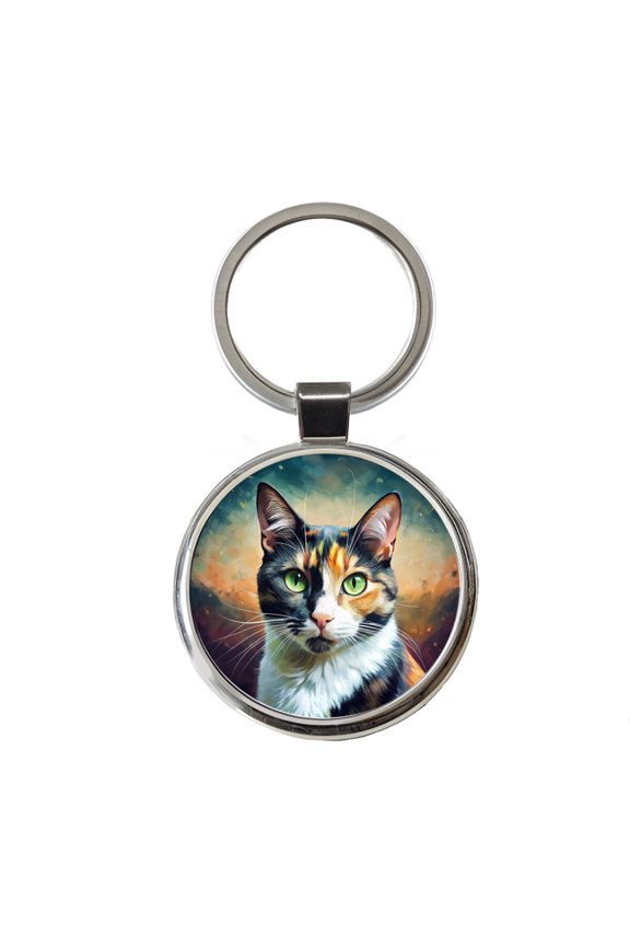 Calico Cat Pop Art Metal Round Keychain
