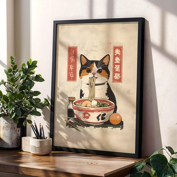 Calico Cat Ramen Poster Japanese Noodle Art Cute Hungry Cat Wall Art Print Poster Retro Tokyo Kitchen Print Poster Edo Style Noodle Cat Lover Poster Print Poster, Size 8x12 UNFFRAMED F03.1.6l1653