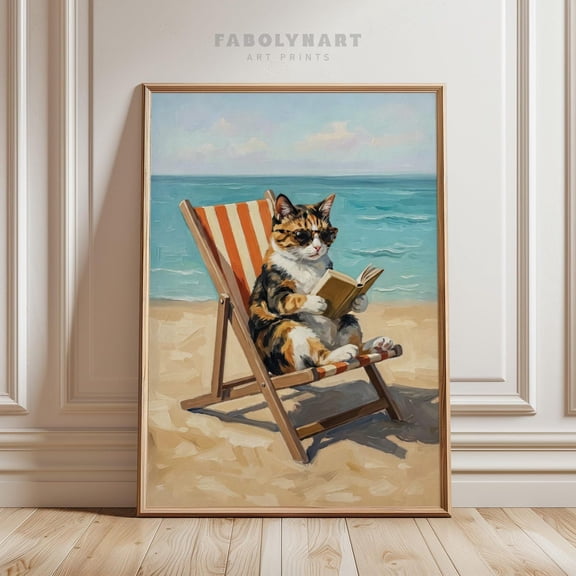 Calico Cat Reading Book Wall Art Print, Summer Beach House Decor, Funny Cat Gift Poster Unframed Paper Print