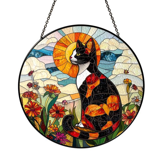 Calico Cat Resting in a Colorful Wildflower Meadow Stained Glass Suncatcher Decorative Floral Window Hanging Nature Art