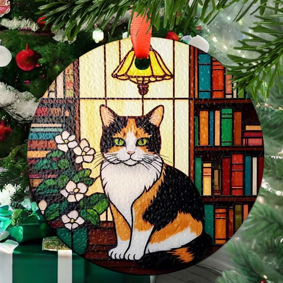 Calico Cat Sitting On Bookshelf GLASS Suncatcher Hanging, Book Window Decor, Book Lover Gift, Book FAUX Stain Glass, Librarian Gift, Ornament 2025, Holiday 2025, Seasonal Holiday