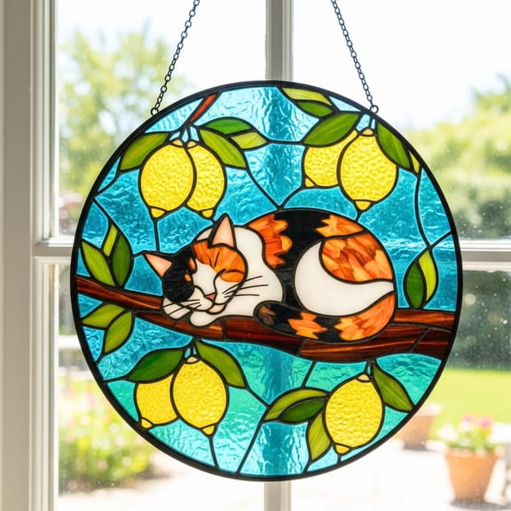 Calico Cat Stained Glass Suncatcher, Sleeping Kitty on Lemon Tree, Summer Citrus Kitchen Decor, Cat Mom Gift for Mom Grandma