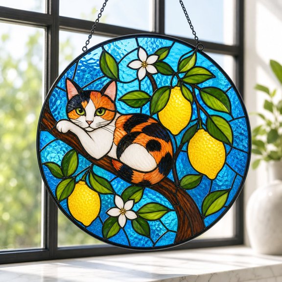 Calico Cat Stained Glass Suncatcher, Sleeping Kitty on Lemon Tree, Summer Citrus Kitchen Decor, Cat Mom Gift for Mom Grandma