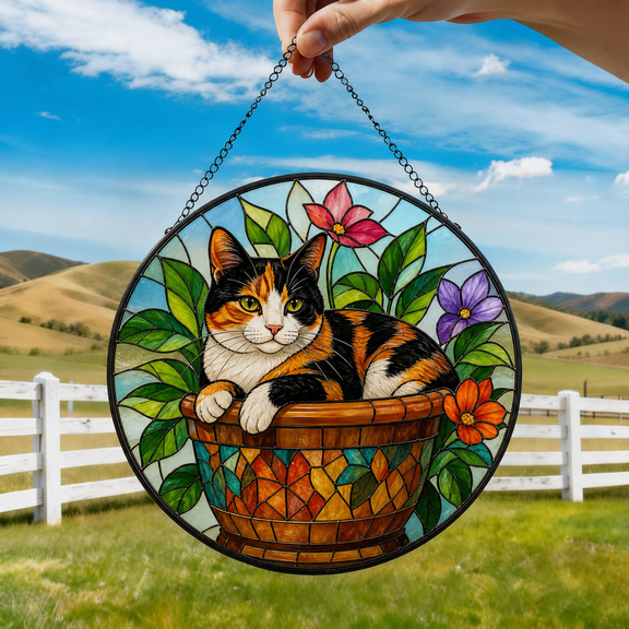 Calico Cat Stained Glass Suncatcher Window Hanging Acrylic Gift for Cat Lovers